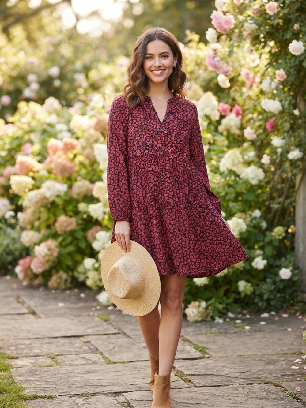 Vineyard Vines Burgundy Floral Long-Sleeve Tiered Dress